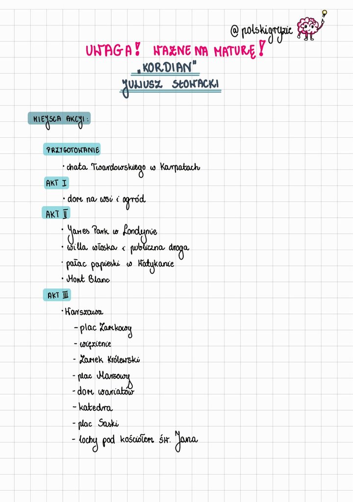 Ilustracja symbolizująca proces myślowy, jako wprowadzenie do analizy dramatu 'Kordian' Juliusza Słowackiego. Grafika mózgu z żarówką. Opis kluczowych miejsc akcji: Karpaty, Londyn, Watykan, Mont Blanc i Warszawa.