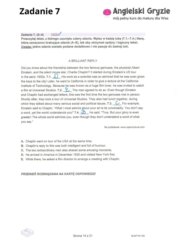 Fragment arkusza maturalnego z języka angielskiego – zadanie na dopasowywanie tekstów do odpowiednich akapitów.