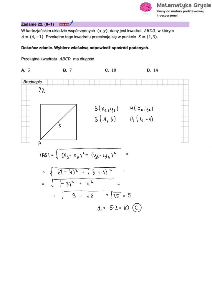 Zadanie maturalne z matematyki (22) z obliczeniem długości przekątnej kwadratu w układzie współrzędnych.