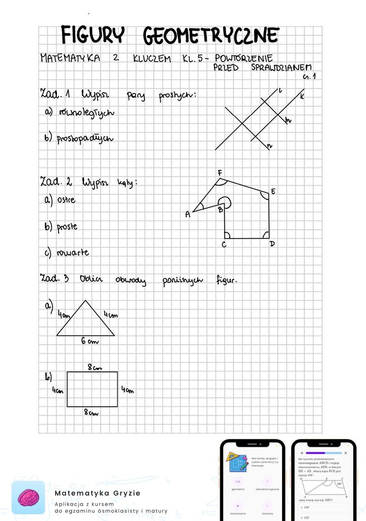 Zadania na sprawdzian matematyka z kluczem klasa 5 - figury geometryczne