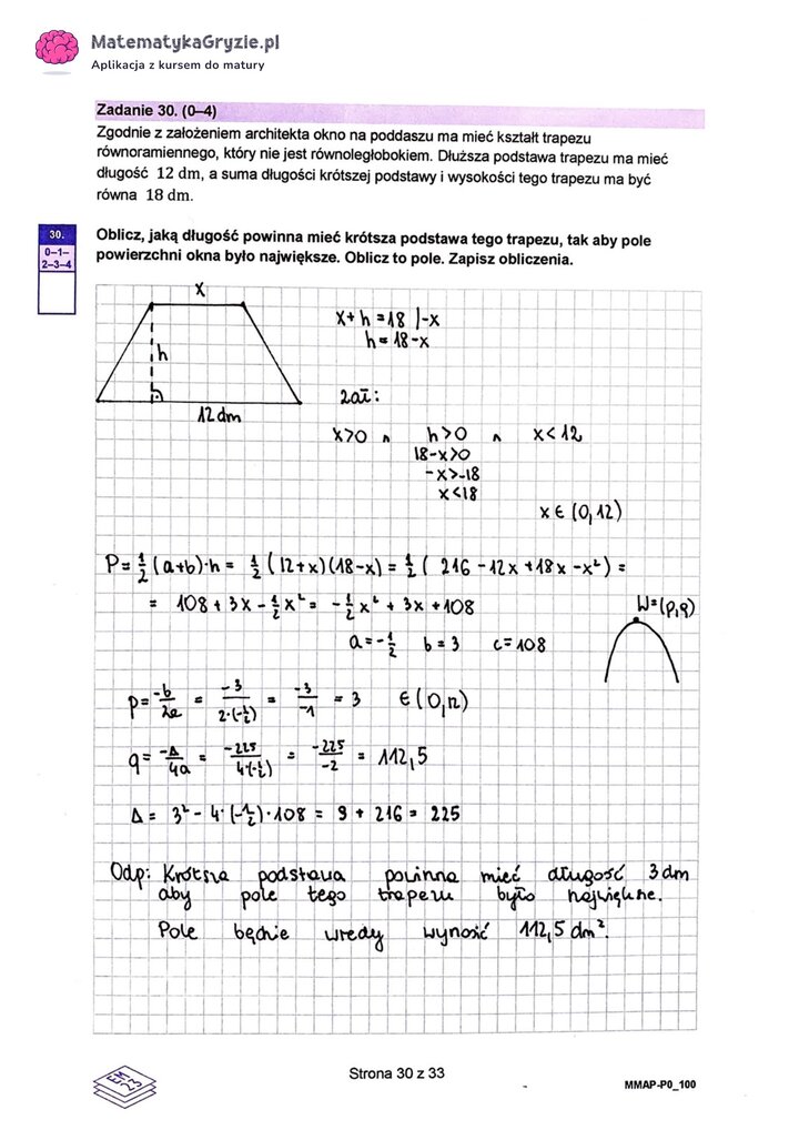 Fragment arkusza maturalnego z matematyki podstawowej - obliczanie długości krótszej podstawy trapezu.
