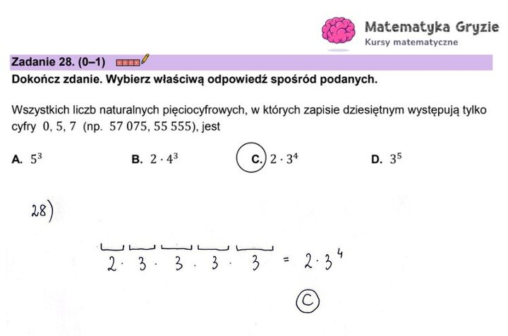 Fragment arkusza maturalnego z matematyki – zadania zamknięte z kombinatoryki