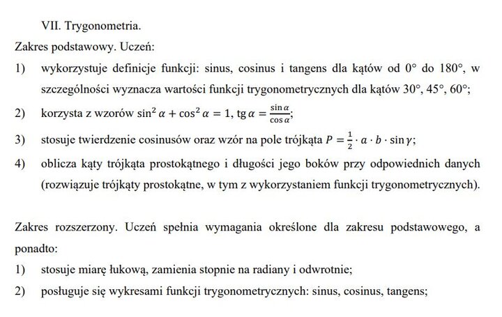Wymagania edukacyjne na egzamin maturalny z matematyki - zagadnienia z działów.