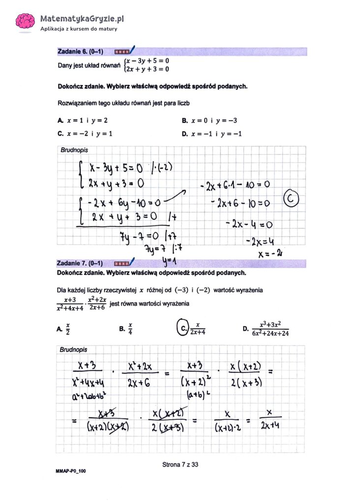 Fragment arkusza maturalnego z matematyki podstawowej - zadanie z układem równań.