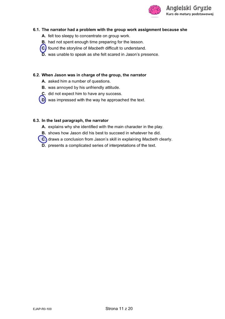 Fragment arkusza maturalnego z języka angielskiego – zadanie na rozumienie tekstu czytanego z pytaniami wielokrotnego wyboru.