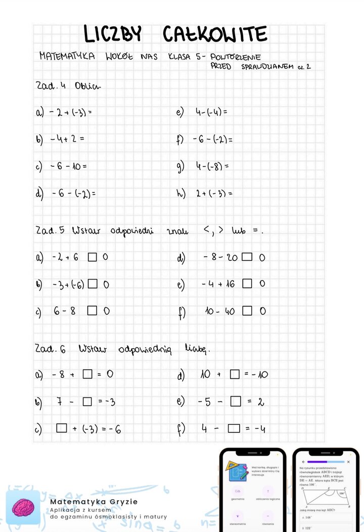 Liczby całkowite - sprawdzian matematyka wokół nas - powtórka cz.2. Zadania dla ucznia. 