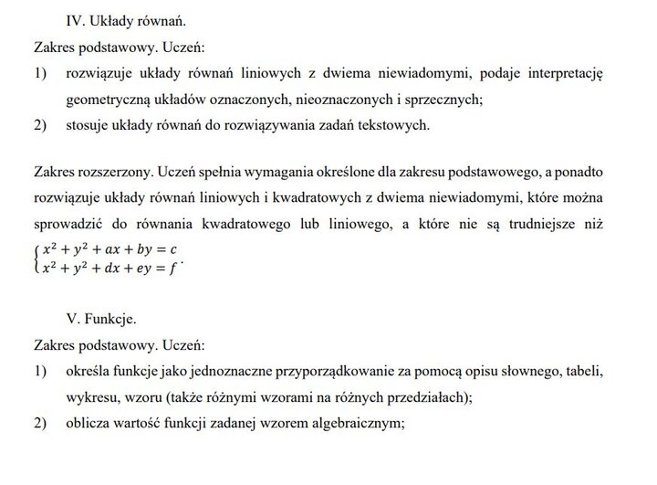 Wymagania edukacyjne na egzamin maturalny z matematyki - zagadnienia z działów.