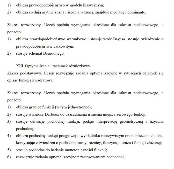 Wymagania edukacyjne na egzamin maturalny z matematyki - zagadnienia z działów.