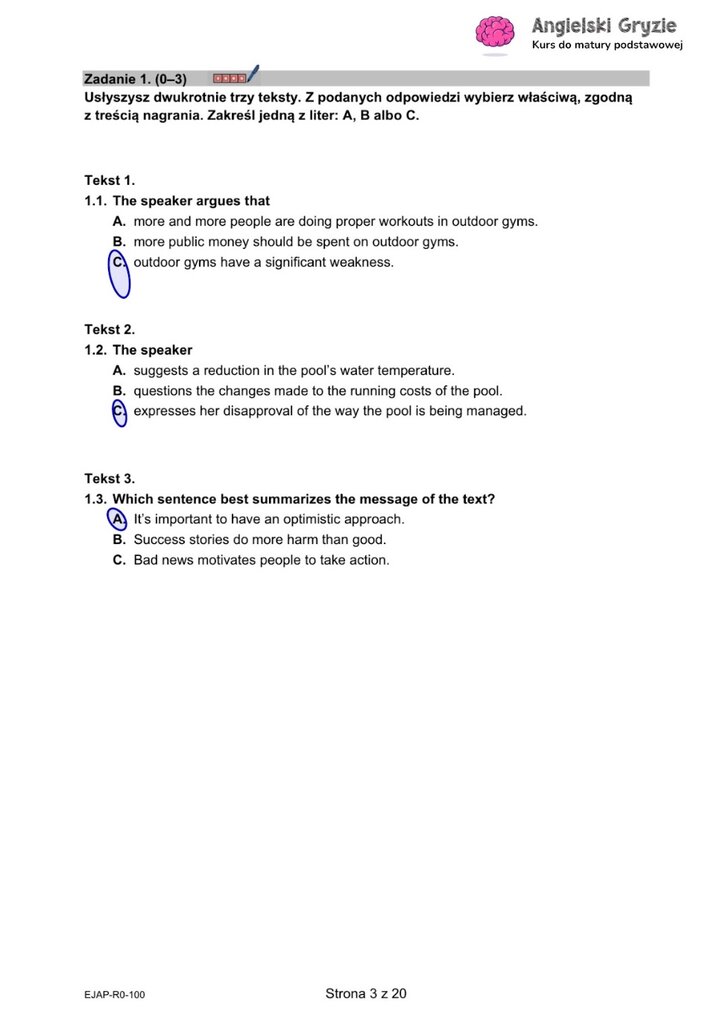 Fragment arkusza maturalnego z języka angielskiego – zadanie na rozumienie ze słuchu z 
trzema pytaniami wielokrotnego wyboru.