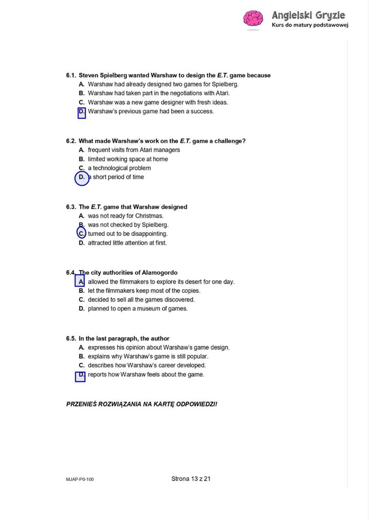 Fragment arkusza maturalnego z języka angielskiego – zadanie na rozumienie tekstu czytanego z pytaniami wielokrotnego wyboru.