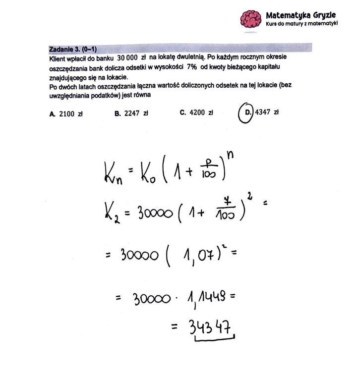 Zadanie z matury podstawowej z matematyki (3) z rozwiązanym zadaniem na procent składany i obliczanie odsetek z lokaty.