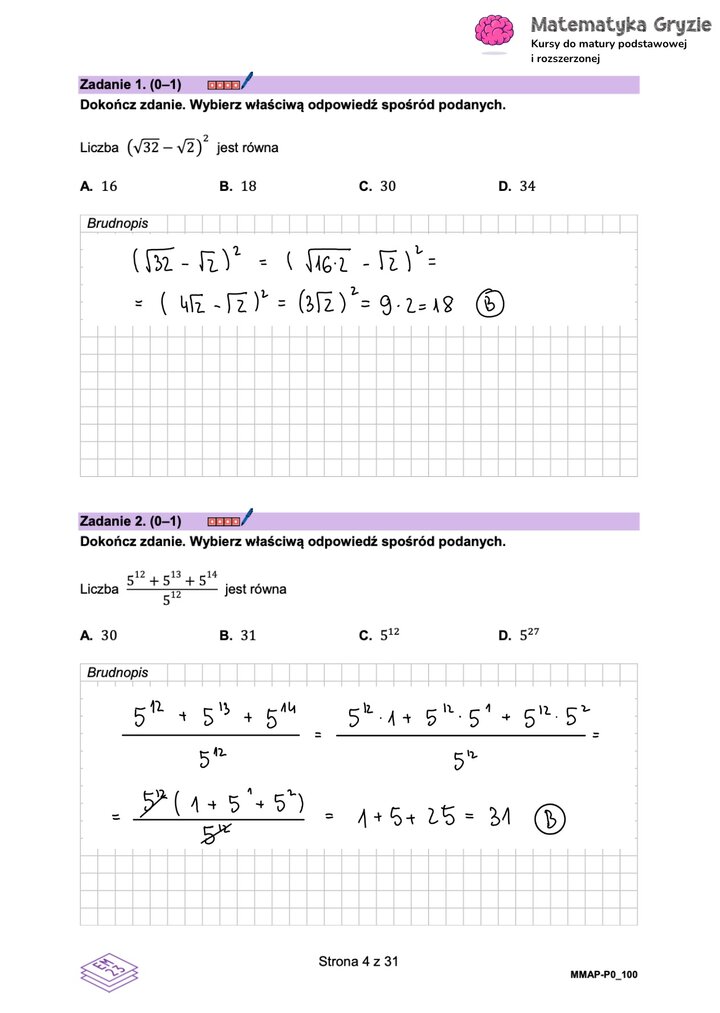 Zadanie maturalne z matematyki (1-2) z rozwiązanymi zadaniami na potęgi, pierwiastki i działania na liczbach.