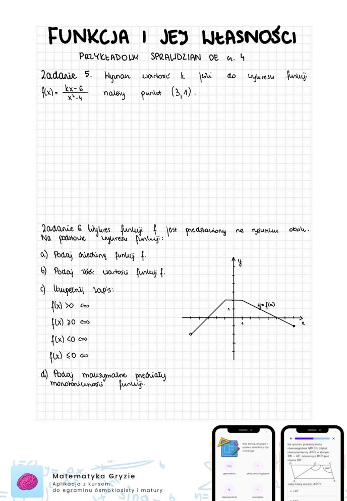 Zadania przygotowujące do sprawdzianu z matematyki z funkcji i jej własności.
