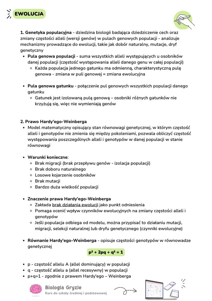Definicja genetyki populacyjnej oraz założenia prawa Hardy’ego-Weinberga wraz z równaniem p^2 + 2pq + q^2 = 1.