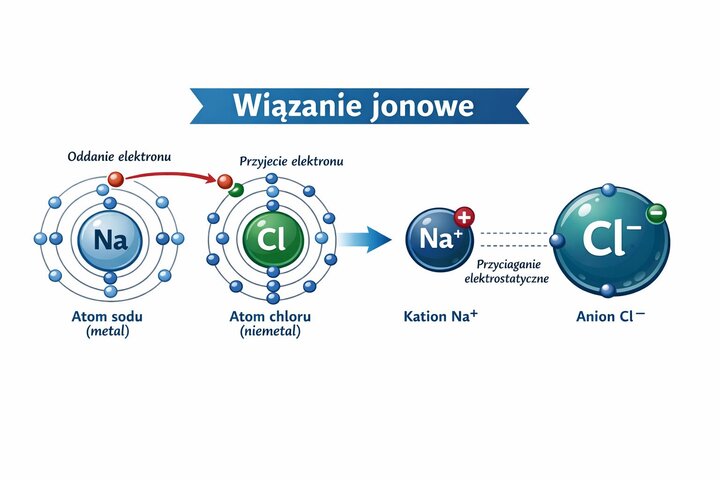 Schemat powstawania wiązania jonowego na przykładzie chlorku sodu. Grafika ilustruje, jak atom sodu oddaje jeden elektron atomowi chloru, w wyniku czego powstaje dodatni kation sodu (Na+) oraz ujemny anion chlorkowy (Cl-), które przyciągają się elektrostatycznie.