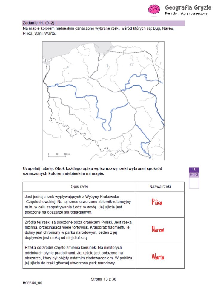 Zadanie maturalne z geografii z mapą konturową Polski do rozpoznania rzek, takich jak Pilica, Narew i Warta.