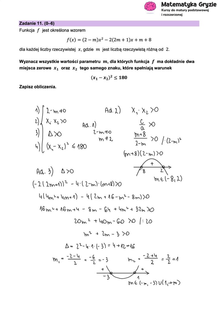 Fragment arkusza maturalnego z matematyki rozszerzonej - zadanie z funkcji kwadratowej, obliczanie parametru we wzorze funkcji.