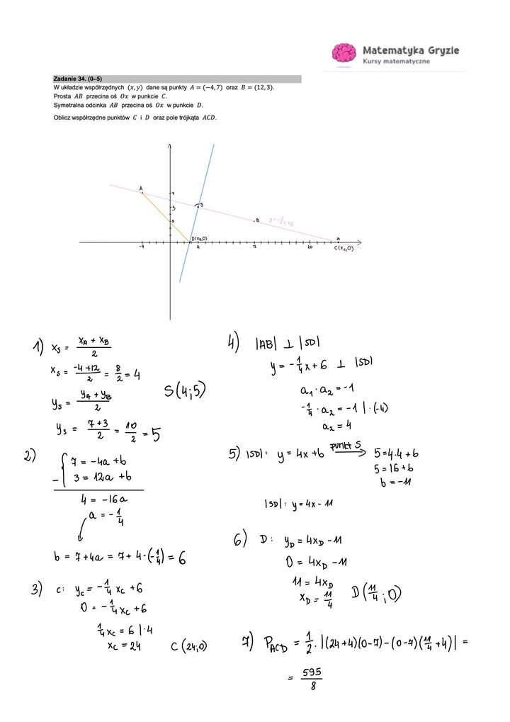 Zadanie otwarte z matematyki wykorzystujące zagadnienia i wzory z zakresu geometrii analitycznej. 