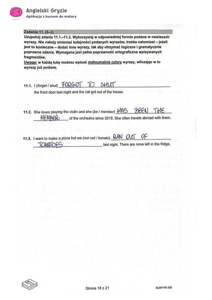 Fragment arkusza maturalnego z języka angielskiego – zadanie z gramatyki do uzupełnienia samodzielnie.