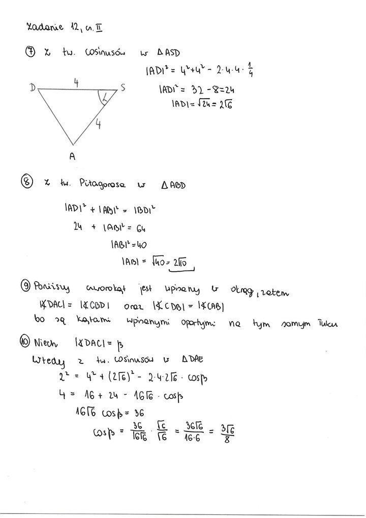 Fragment arkusza maturalnego z matematyki rozszerzonej - obliczanie boków czworokąta na podstawie rysunku.