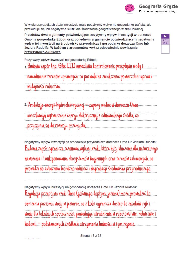 Uzupełnione argumenty do zadania maturalnego z geografii, oceniające pozytywne i negatywne skutki budowy tamy na rzece Omo.