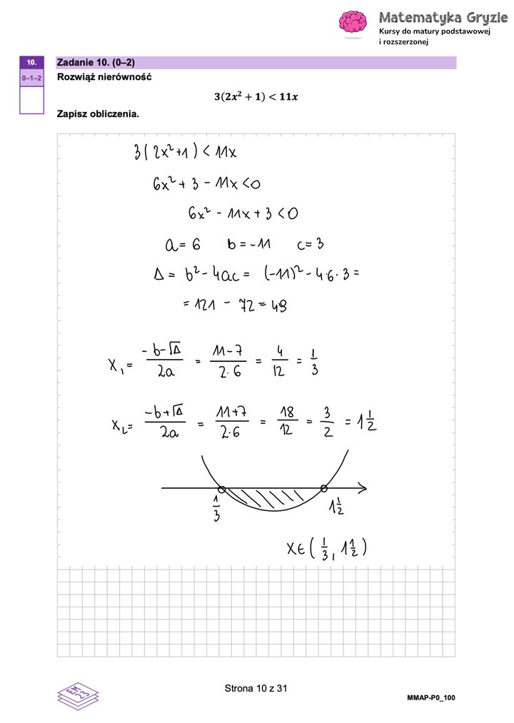Zadanie maturalne z matematyki (10) z rozwiązaną nierównością kwadratową, wraz z obliczeniem delty i pierwiastków.