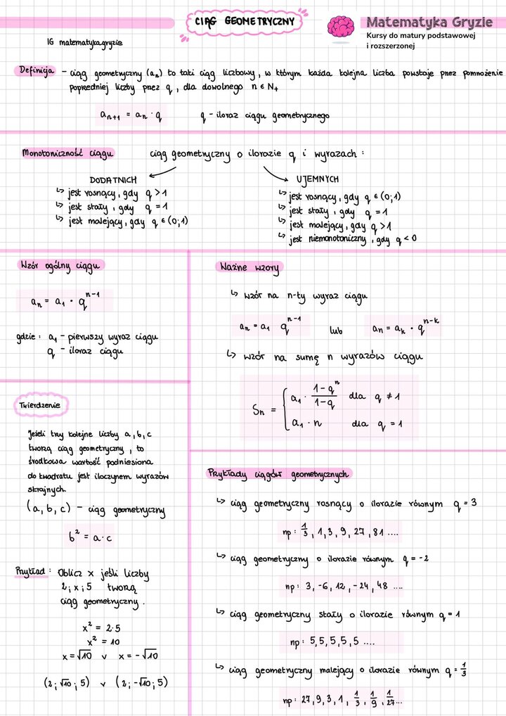 Notatka do matury z najważniejszymi wzorami i zagadnieniami z działu o ciągach geometrycznych w matematyce.