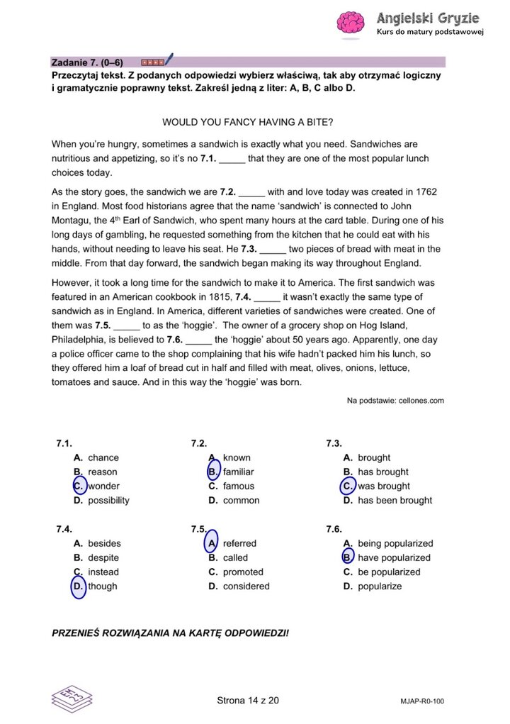 Fragment arkusza maturalnego z języka angielskiego – zadanie z brakującymi słowami w tekście. 