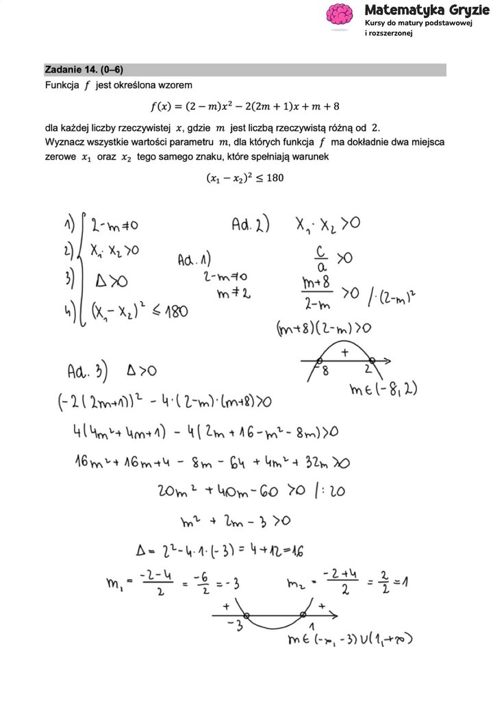 Fragment arkusza maturalnego z matematyki rozszerzonej - zadanie z parametrem w funkcji kwadratowej.