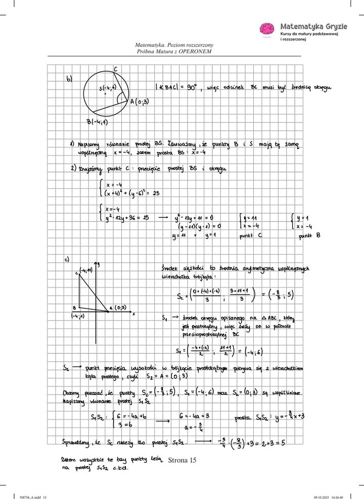 Zdjęcie kartki papieru z odręcznymi rozwiązaniami zadań z próbnego egzaminu maturalnego z matematyki Operon (poziom rozszerzony). Widoczne wzory, obliczenia i zaznaczone wyniki.
