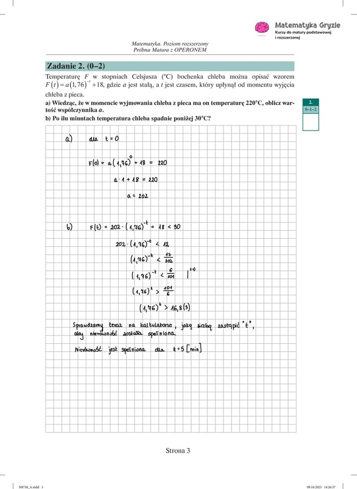 Zdjęcie kartki papieru z odręcznymi rozwiązaniami zadań z próbnego egzaminu maturalnego z matematyki Operon (poziom rozszerzony). Widoczne wzory, obliczenia i zaznaczone wyniki.