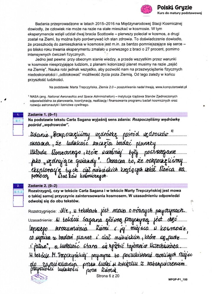 Fragment arkusza egzaminacyjnego z języka polskiego – pytania dotyczące przeczytanego tekstu.