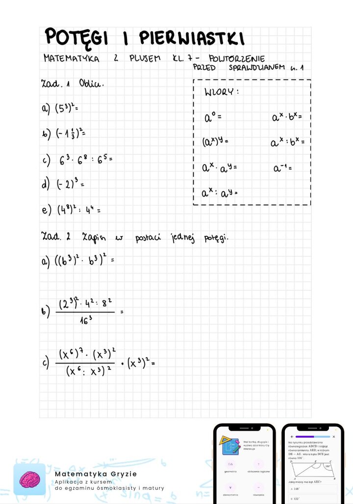 Zadania na sprawdzian GWO matematyka z plusem klasa 7 - potęgi i pierwiastki