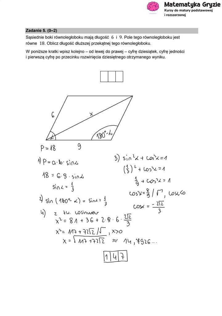 Fragment arkusza maturalnego z matematyki rozszerzonej - zadanie z planimetrii, obliczanie długości dłuższej długości przekątnej równoległoboku.