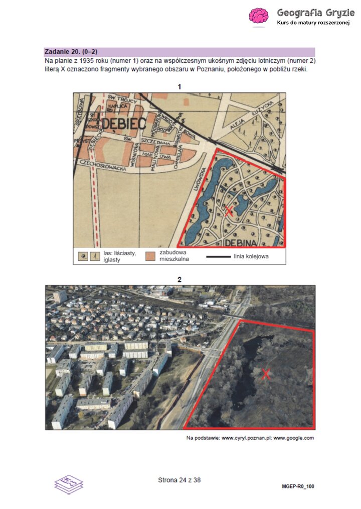 Zadanie maturalne z geografii z porównaniem planu Poznania z 1935 roku i współczesnego zdjęcia lotniczego obszaru Dębiny.