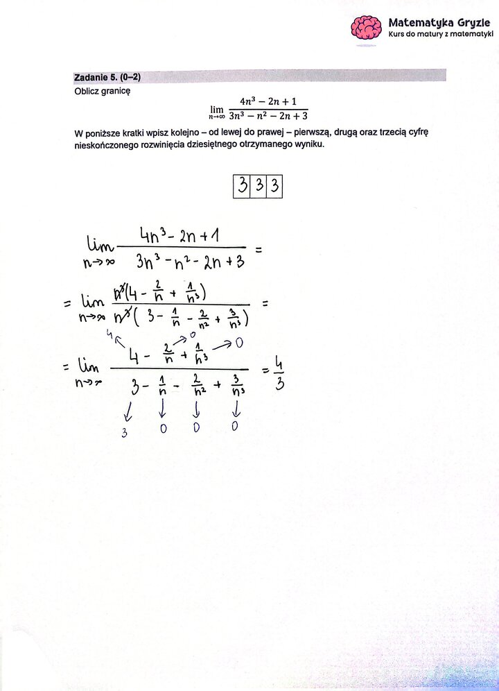 Fragment arkusza maturalnego z matematyki rozszerzonej - zadanie z obliczania granicy.