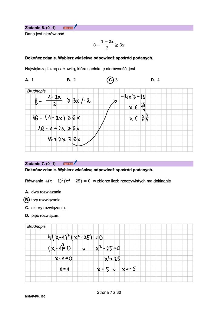 Fragment arkusza maturalnego z matematyki podstawowej - zadanie z rozwiązywaniem nierówności.