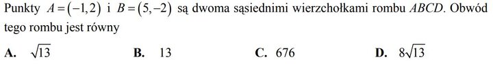 Fragment zadań z pewniakami maturalnymi z matematyki - obliczanie obwodu rombu.