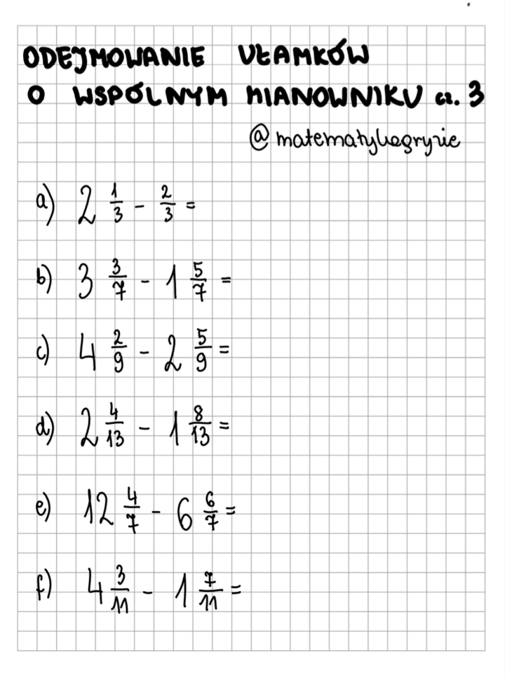 Odejmowanie ułamków o wspólnym mianowniku