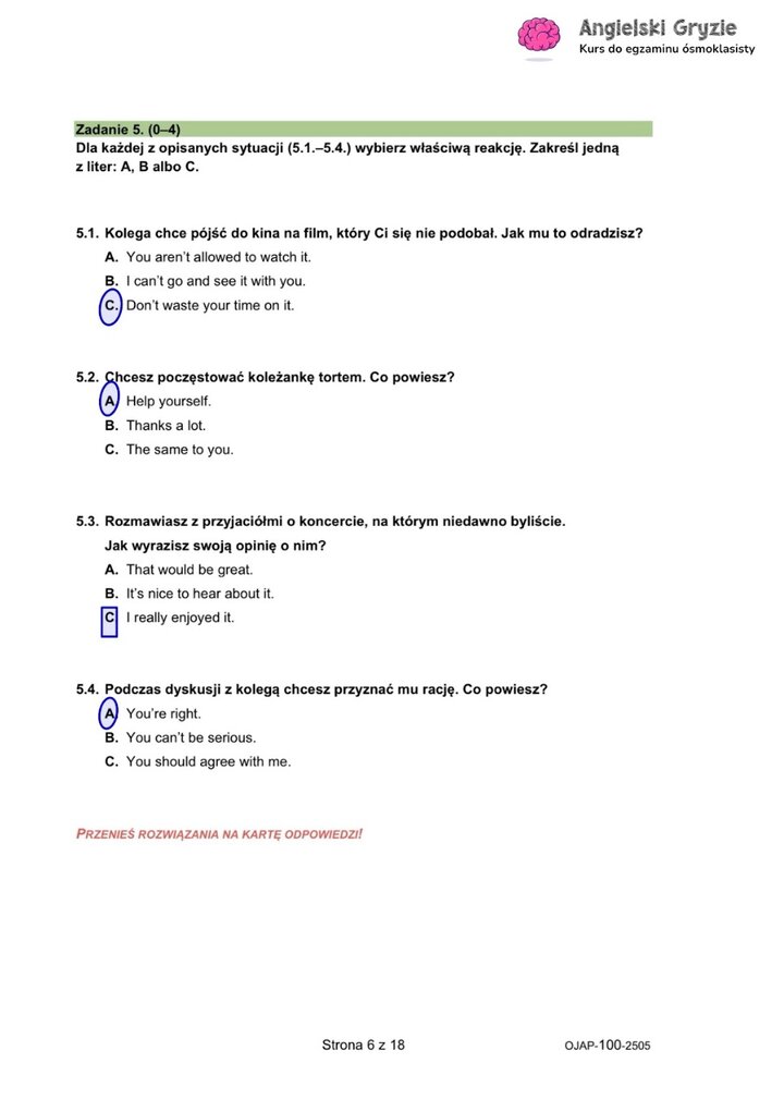 Zadanie z egzaminu ósmoklasisty z angielskiego (5) sprawdzające funkcje językowe w różnych sytuacjach komunikacyjnych.