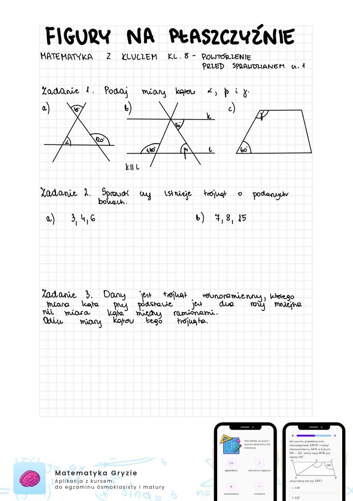 Zadania na sprawdzian matematyka z kluczem klasa 8 - figury na płaszczyźnie