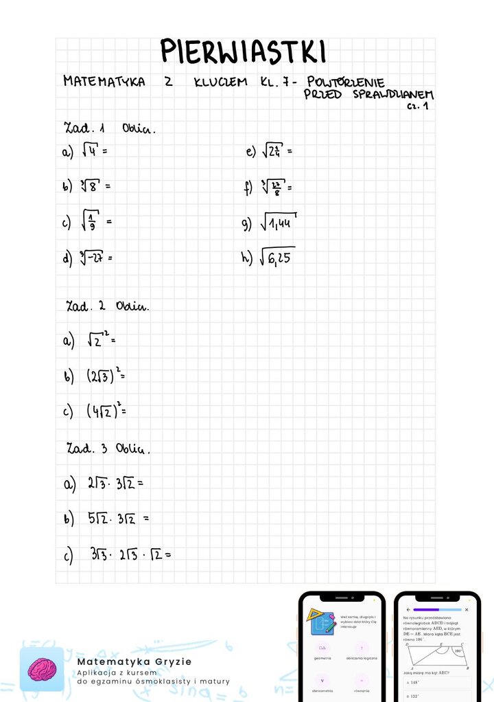 Zadania na sprawdzian matematyka z kluczem klasa 7 - pierwiastki