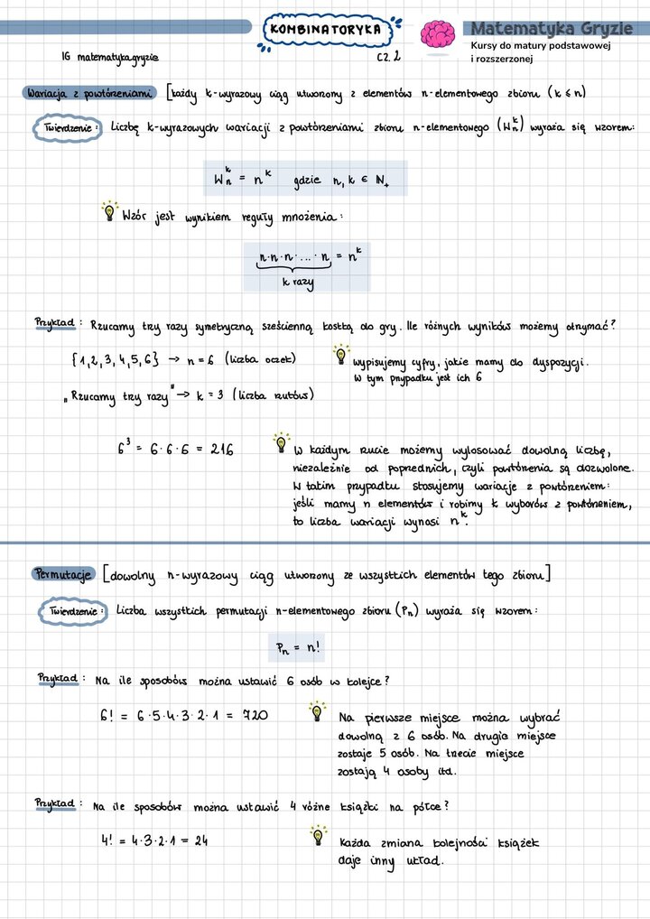 Notatka do matury z najważniejszymi wzorami i zagadnieniami z działu kombinatoryka w matematyce.