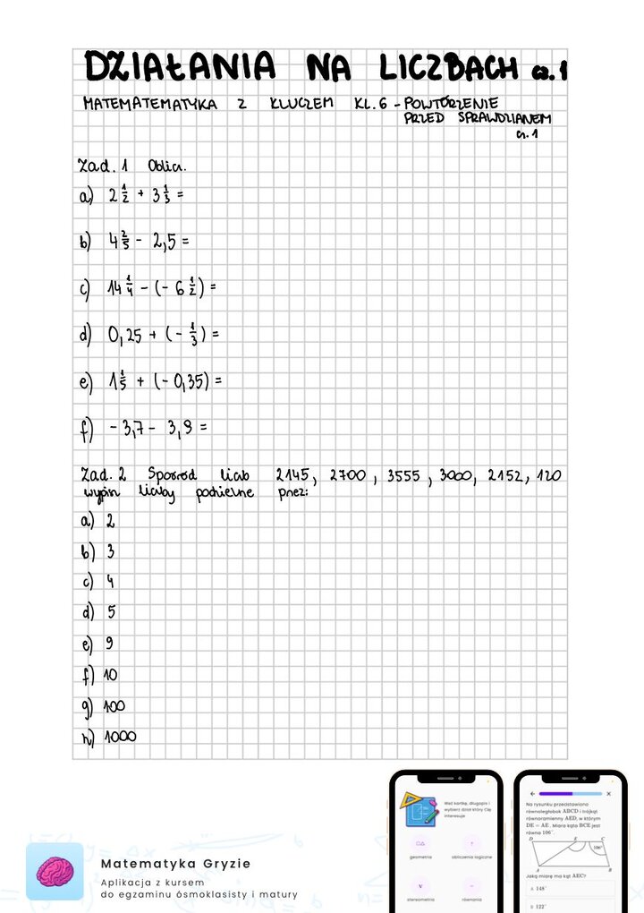 Zadania na sprawdzian matematyka z kluczem klasa 6 - działania na liczbach cz.1