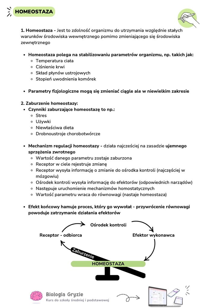 Notatka wprowadzająca do tematu homeostazy. Zawiera definicję stałości środowiska wewnętrznego oraz schemat ujemnego sprzężenia zwrotnego z udziałem receptora, ośrodka kontroli i efektora .