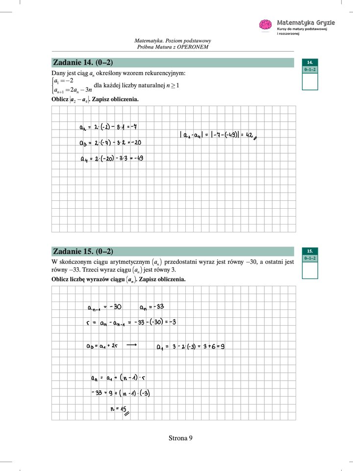 Zdjęcie kartki papieru z odręcznymi rozwiązaniami zadań z próbnego egzaminu maturalnego z matematyki Operon (poziom podstawowy). Widoczne wzory, obliczenia i zaznaczone wyniki.