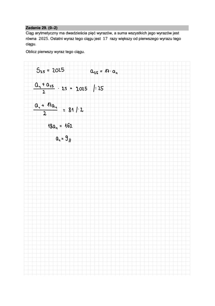 Fragment arkusza maturalnego z matematyki podstawowej - zadanie z zastosowaniem własności ciągu arytmetycznego.