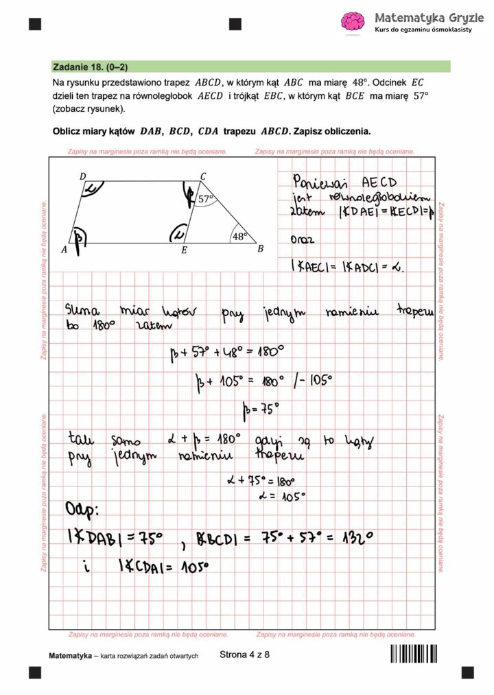 Zadanie z egzaminu ósmoklasisty z matematyki (18) z geometrii, polegające na obliczeniu miar kątów w trapezie.