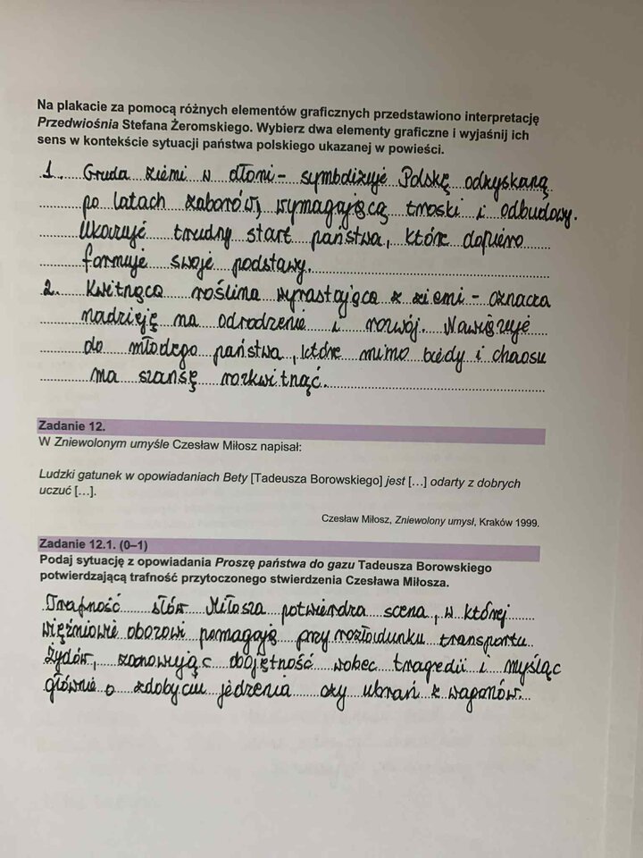 Fragment arkusza egzaminacyjnego z języka polskiego – pytania dotyczące wybranych lektur obowiązkowych.