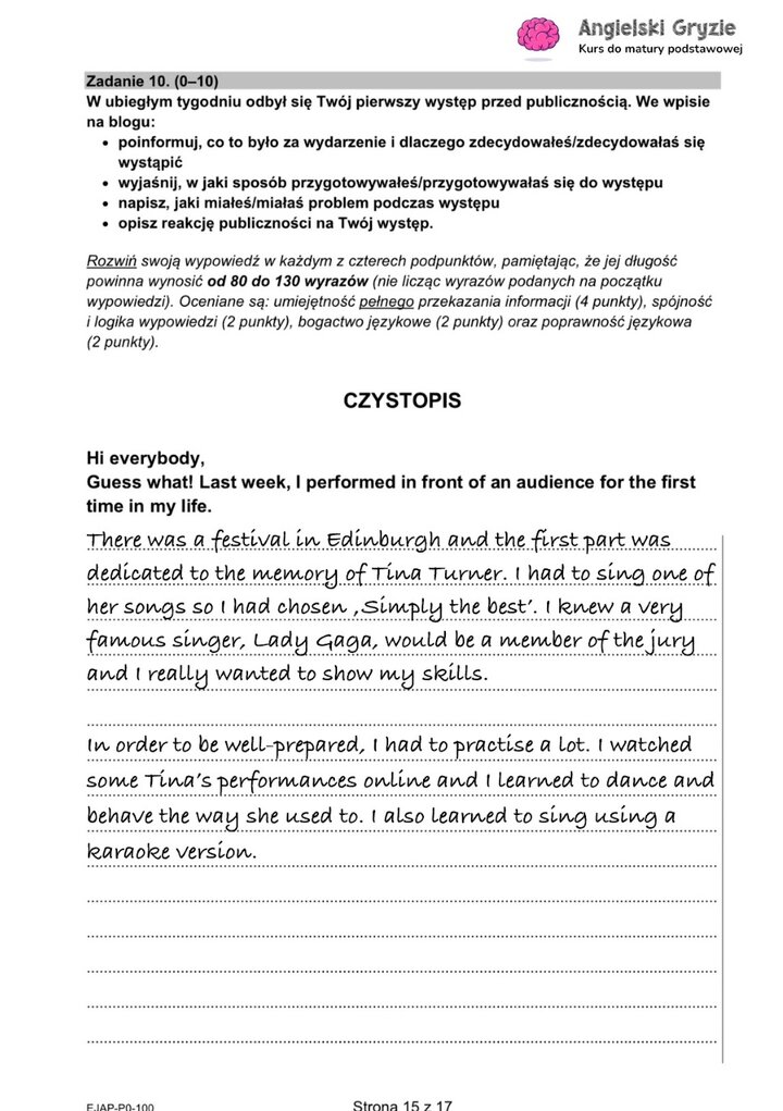 Fragment arkusza maturalnego z języka angielskiego – wybrana wypowiedź pisemna. 